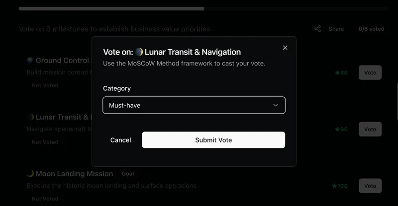 screenshot of GoalPath alignment meeting showing the curated voting queue with the voting screen open