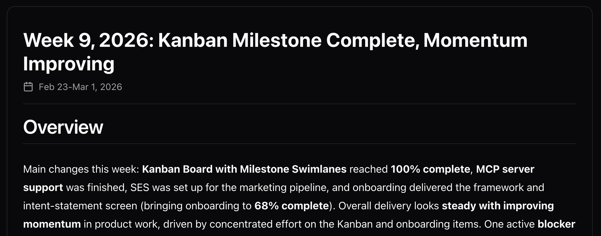 GoalPath weekly progress report showing milestone summaries, blocked items, and forecast changes